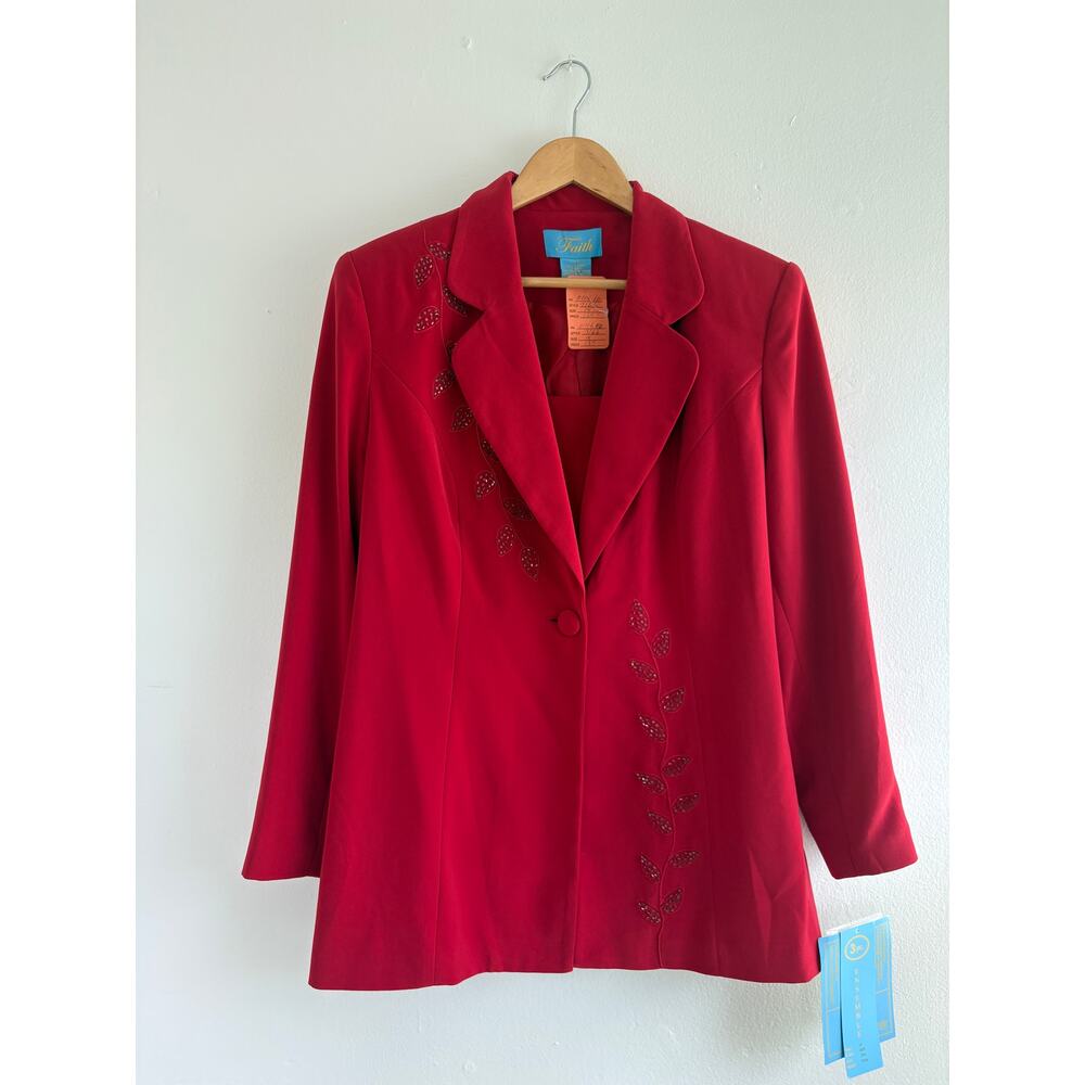 Faith Vintage Red Pant Suit Set Womens Size 14 Beaded Blazer Pants NWT - Picture 4 of 13